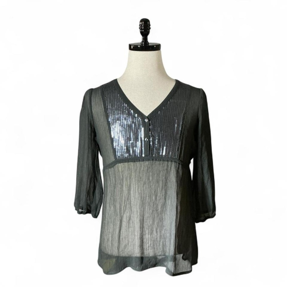 Y2K Vanity Women Gray Sequin Embellished V Neck Sheer Top Blouse M Grunge